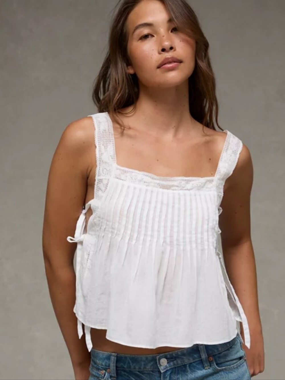 Astr  Boho Side Tie Lace-Trim White Cami Si XS Top
